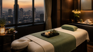A private premium Hanoi treatment room with jade linens, tea and folded towels