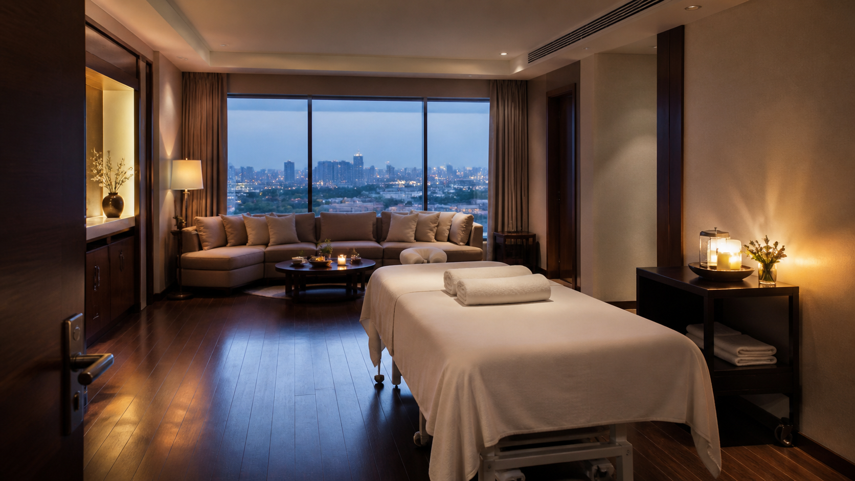 A spacious premium hotel suite prepared for a private in-room massage in Hanoi