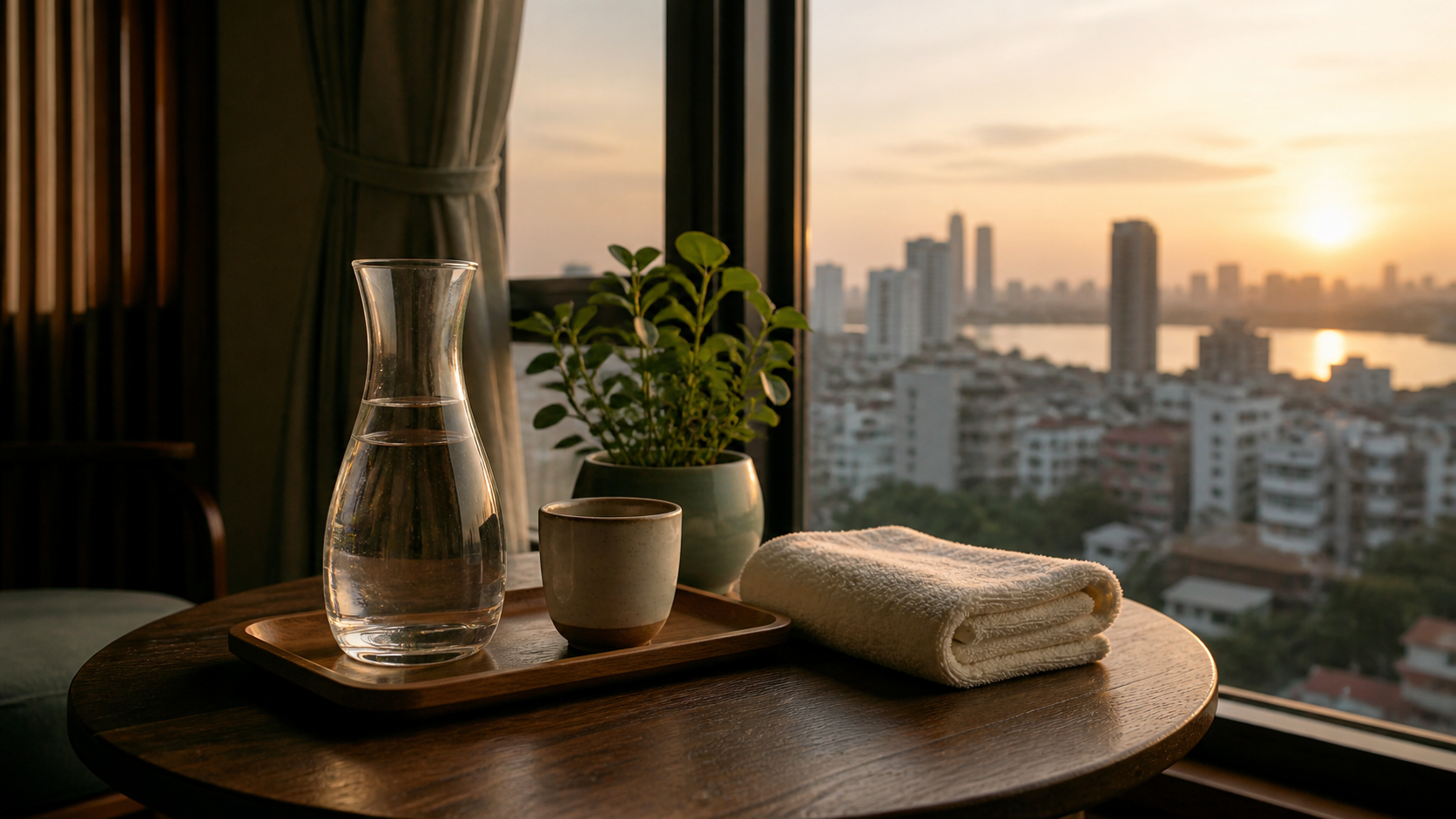 A carafe of water, tea and folded towel beside a Hanoi skyline at sunset