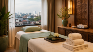 A calm Hanoi-inspired massage room with warm wood, jade textiles and folded towels
