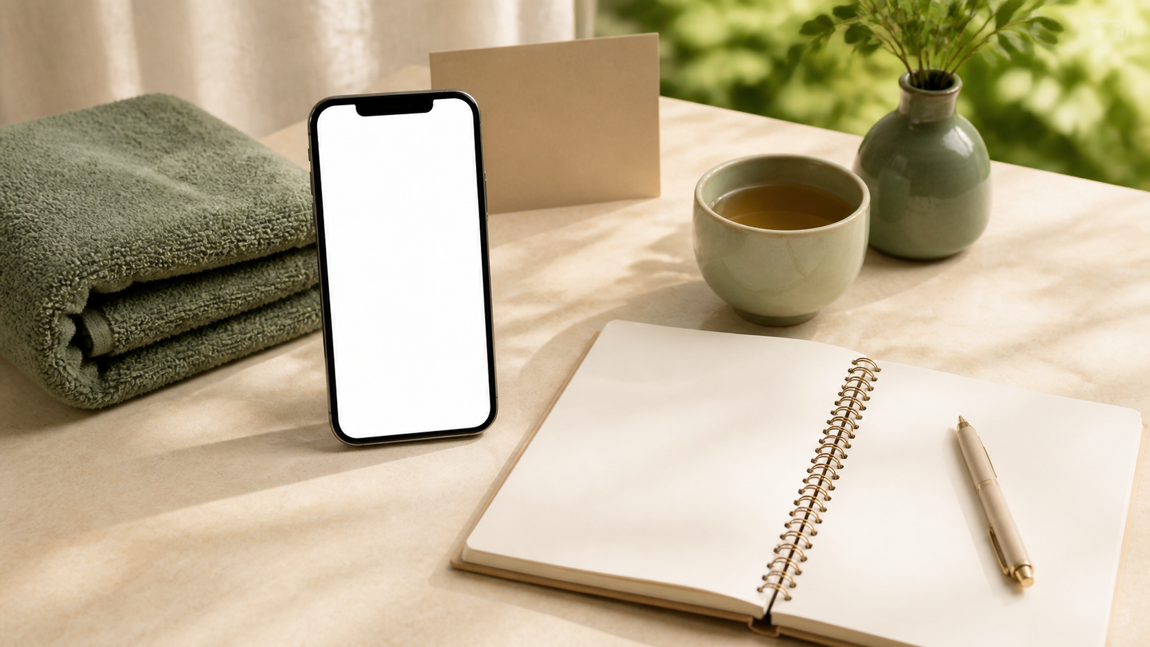 A blank phone, notebook and tea beside a plain card for confirming a Hanoi massage request