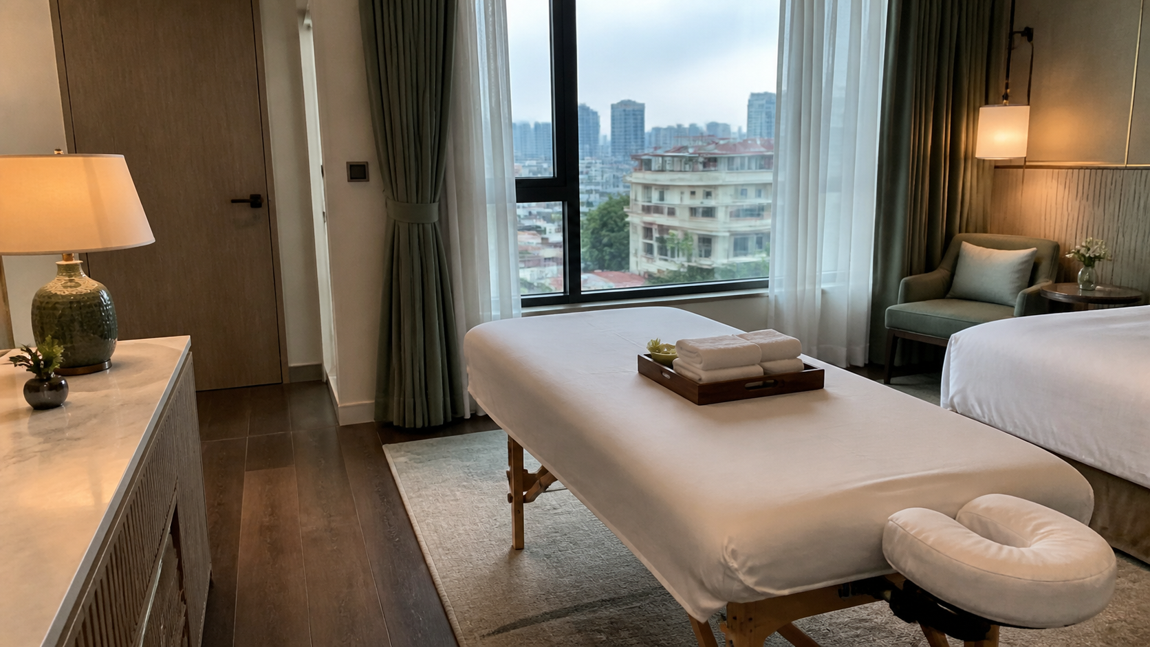 A tidy hotel room in Hanoi prepared with a portable massage table and clear walkway