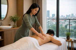 Asian female therapist with loose hair and a modest spa dress giving a back massage to a covered male client in a Hanoi apartment