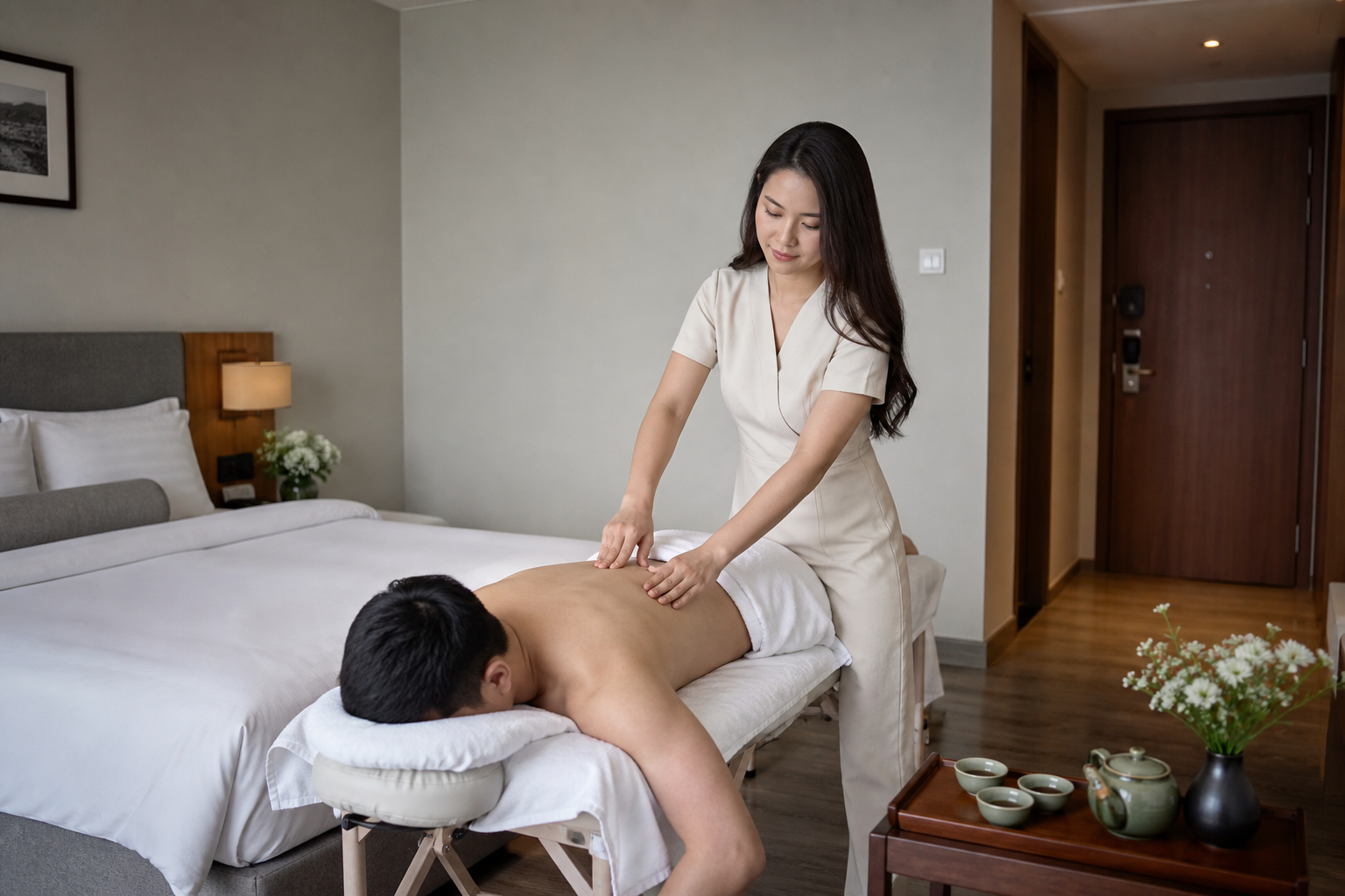 Asian female therapist with long loose hair and a lavender spa dress giving a gentle back treatment to a covered male guest in a quiet Hanoi hotel room