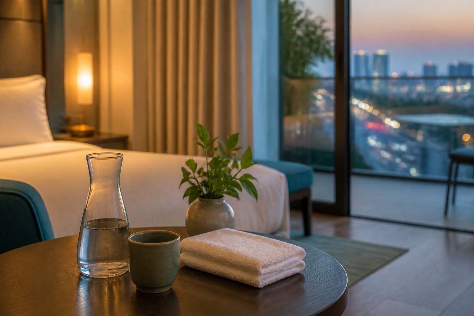 A carafe of water, cup and folded towel ready for a quiet post-massage pause in a Hai Chau hotel room
