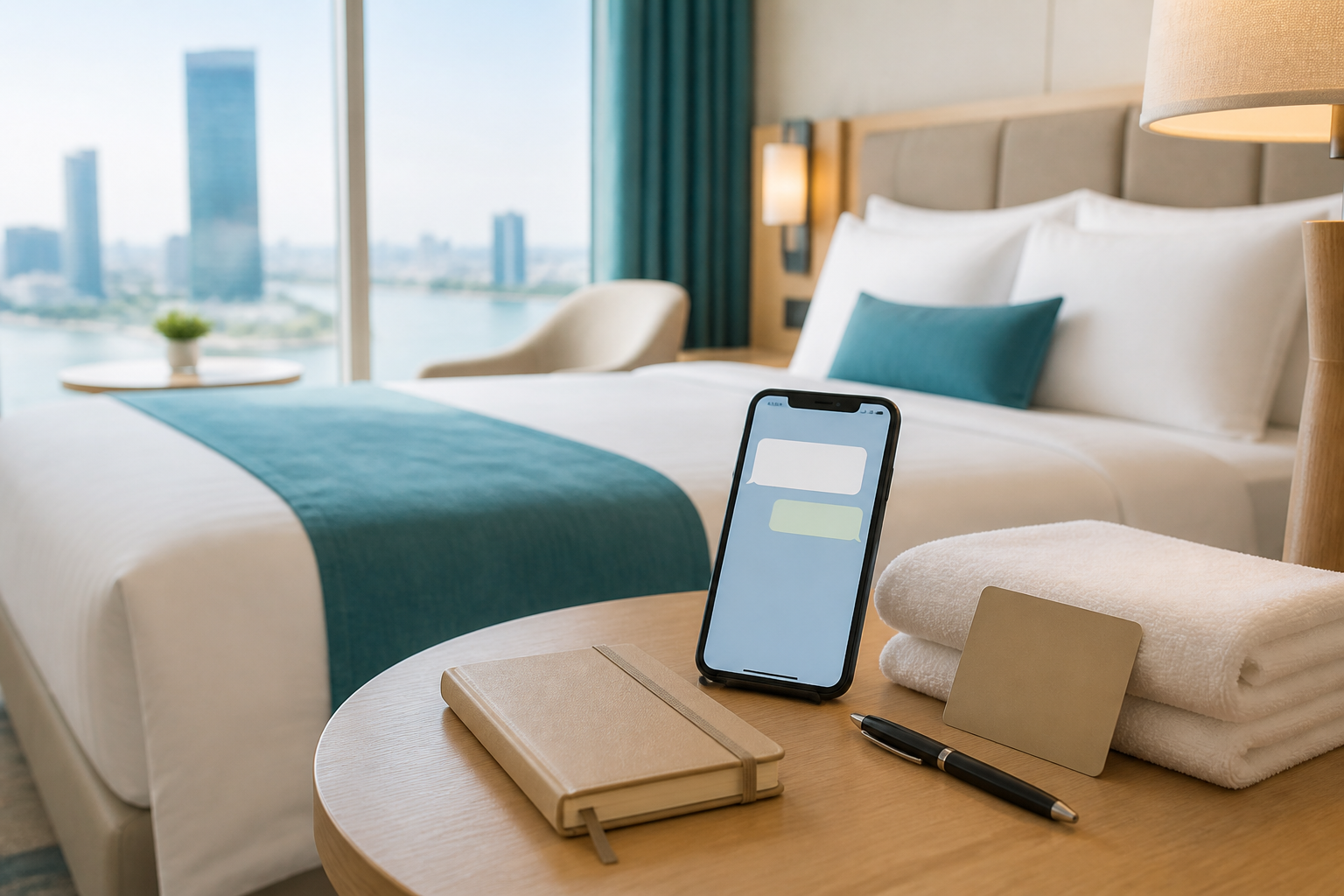 A smartphone, notebook and folded towels arranged for confirming a Hai Chau hotel massage booking