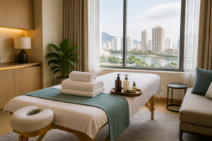 A calm mobile wellness room prepared in a Hai Chau hotel with fresh towels and a city view