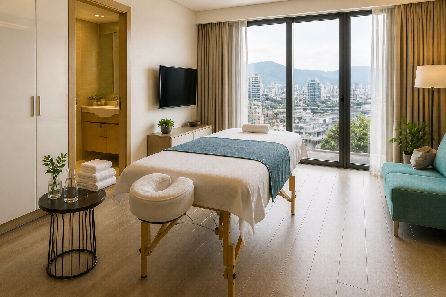 A tidy serviced-apartment room in Hai Chau prepared with a portable massage table and clear walkway