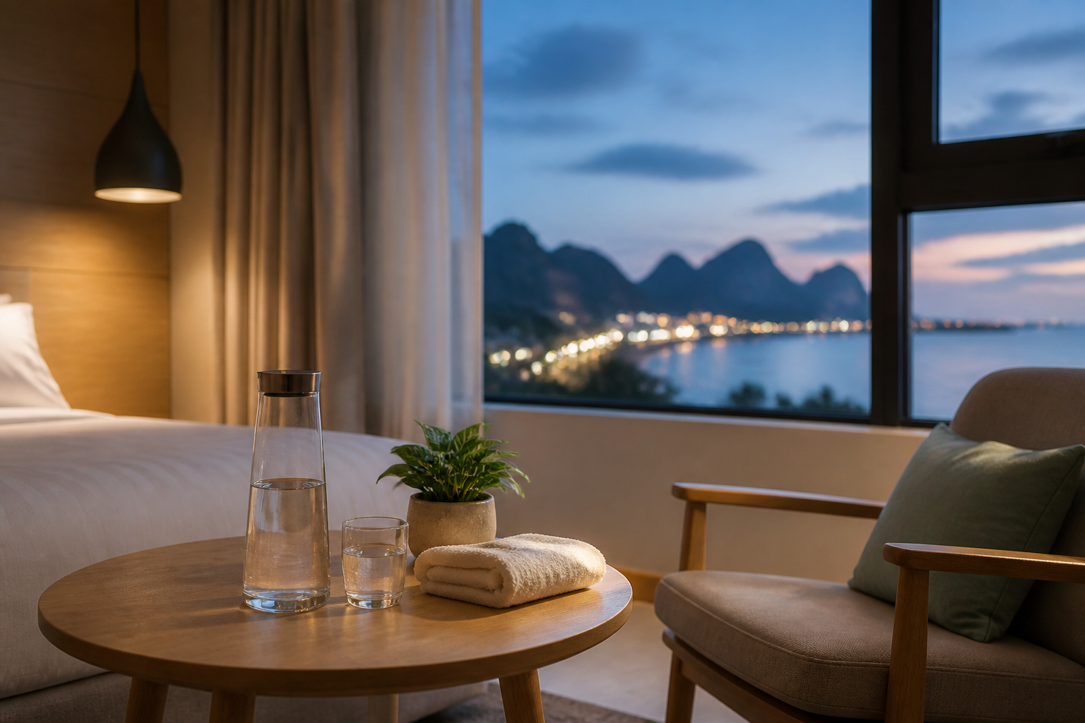 A carafe of water, cup and folded towel ready for a quiet post-massage pause in a Ngu Hanh Son hotel room