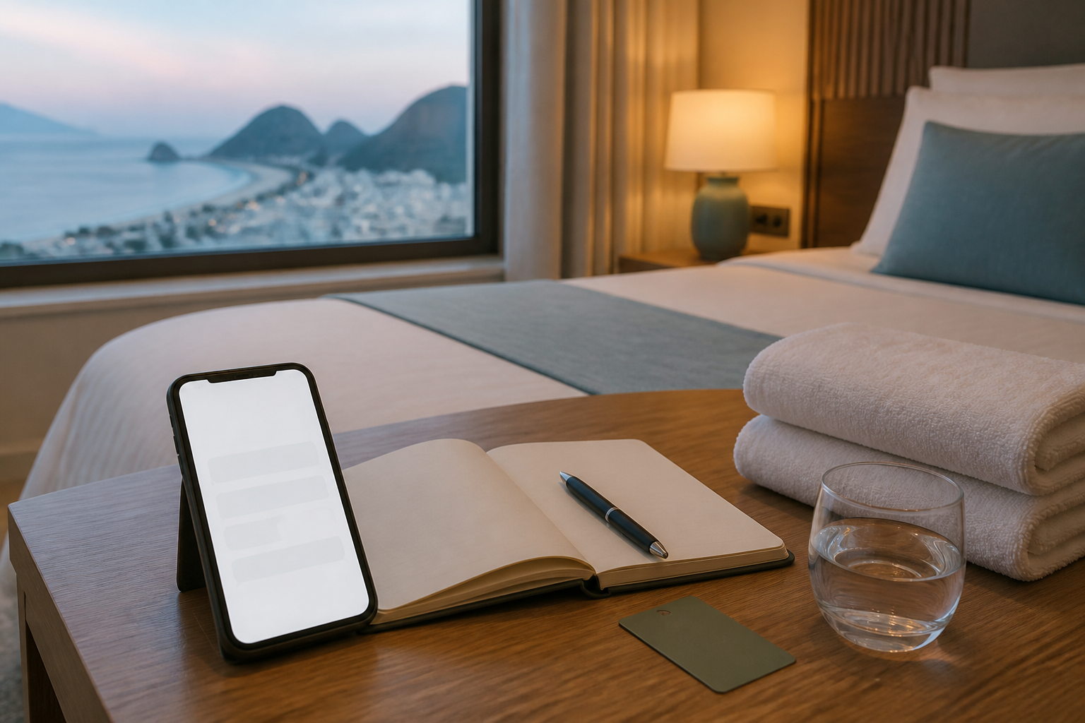 A smartphone, notebook and folded towels arranged for confirming a Ngu Hanh Son hotel massage booking