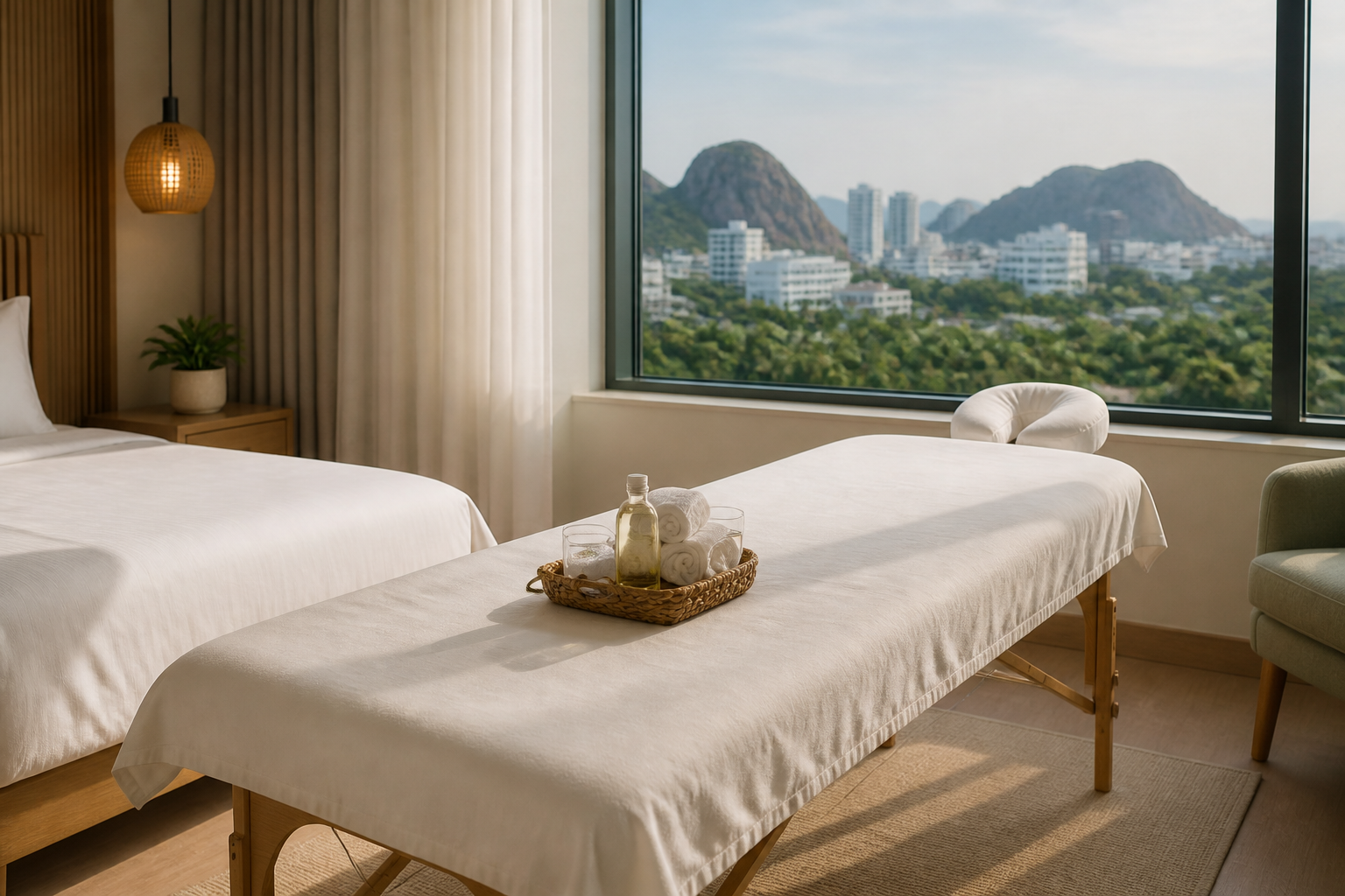 A calm mobile wellness room prepared in a Ngu Hanh Son hotel with folded towels and soft coastal light