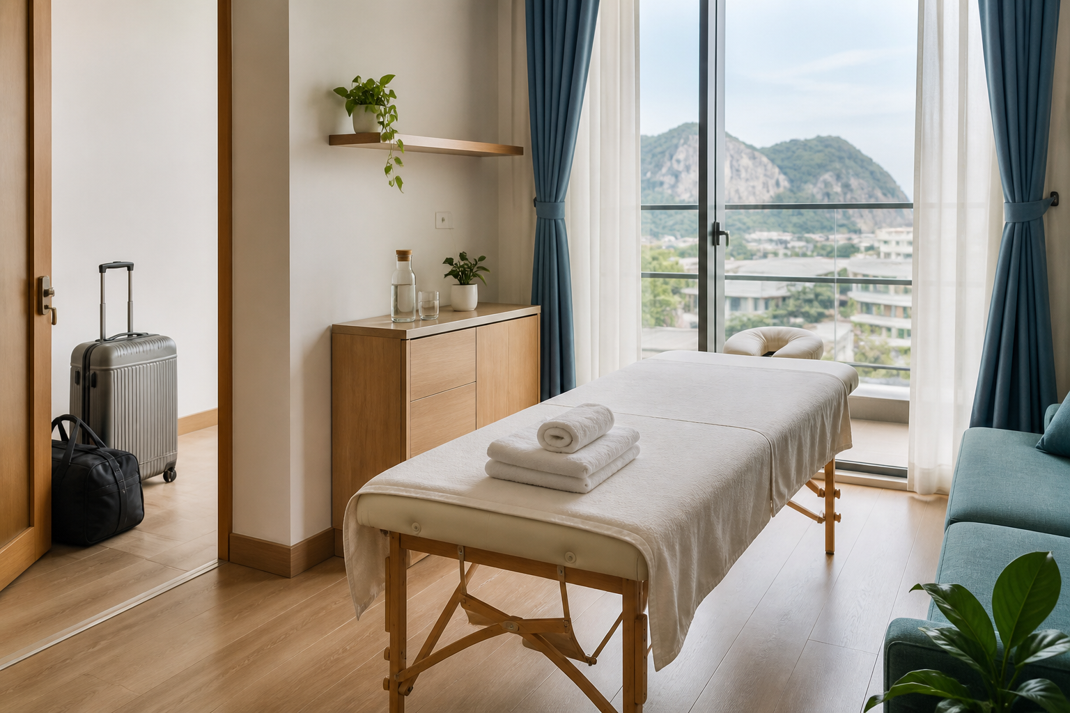 A tidy serviced apartment near Ngu Hanh Son prepared with a portable massage table, towels and a clear walkway