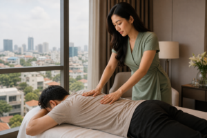 Asian female therapist with long loose hair in a modest sage spa dress giving a professional back massage to a fully clothed male guest in a bright airport-area hotel room