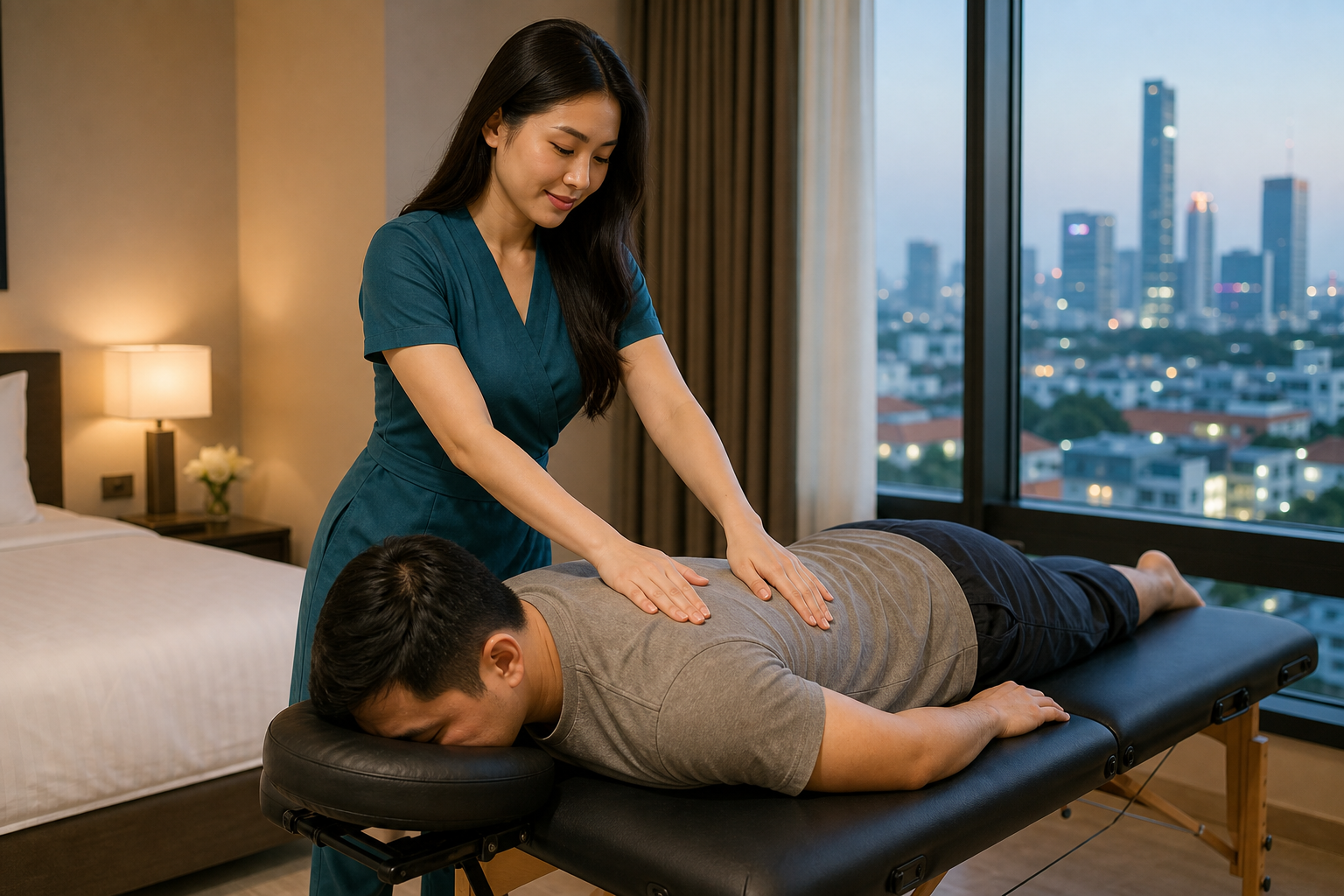 Adult Asian female therapist with long loose hair in a modest teal spa dress giving a respectful back massage to a fully clothed male guest in a polished hotel room near Tan Son Nhat