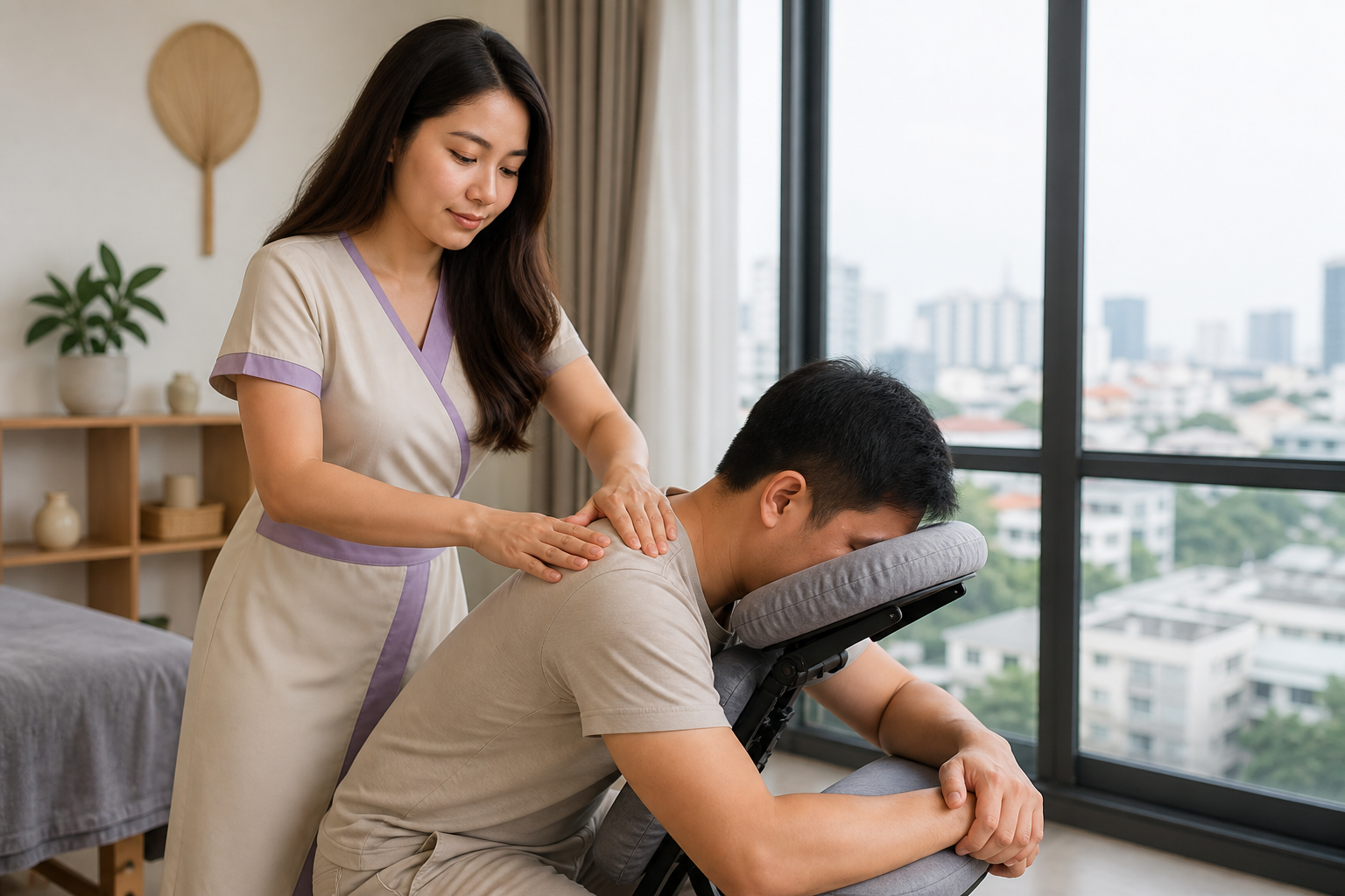 Adult Asian female therapist with long loose hair in a modest cream-and-lavender spa dress demonstrating careful upper-back massage technique on a fully clothed male guest in a tidy HCMC apartment