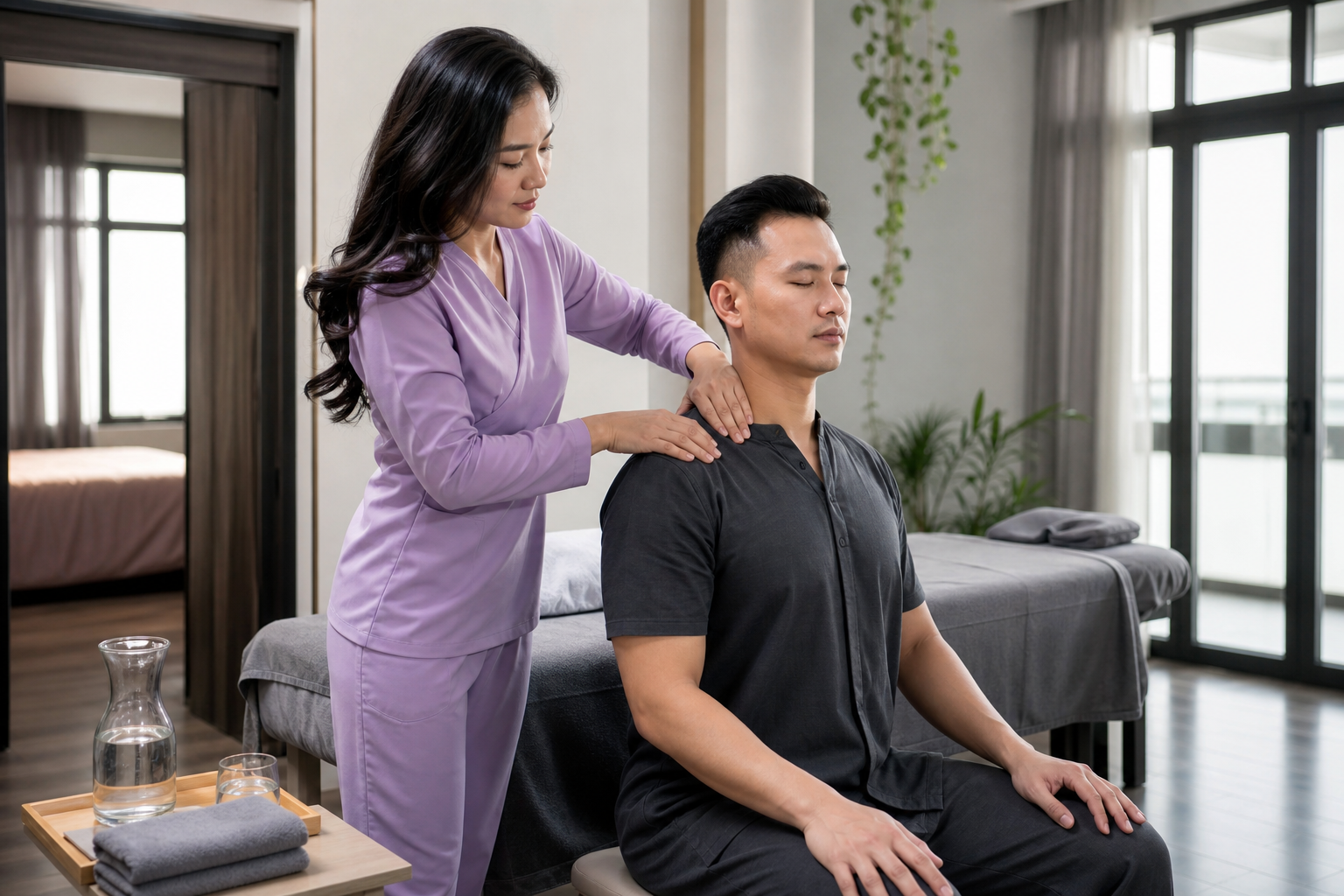 Asian female therapist with loose hair in a lavender spa uniform providing attentive aftercare-focused back massage to a covered male client in a clean Tay Ho room