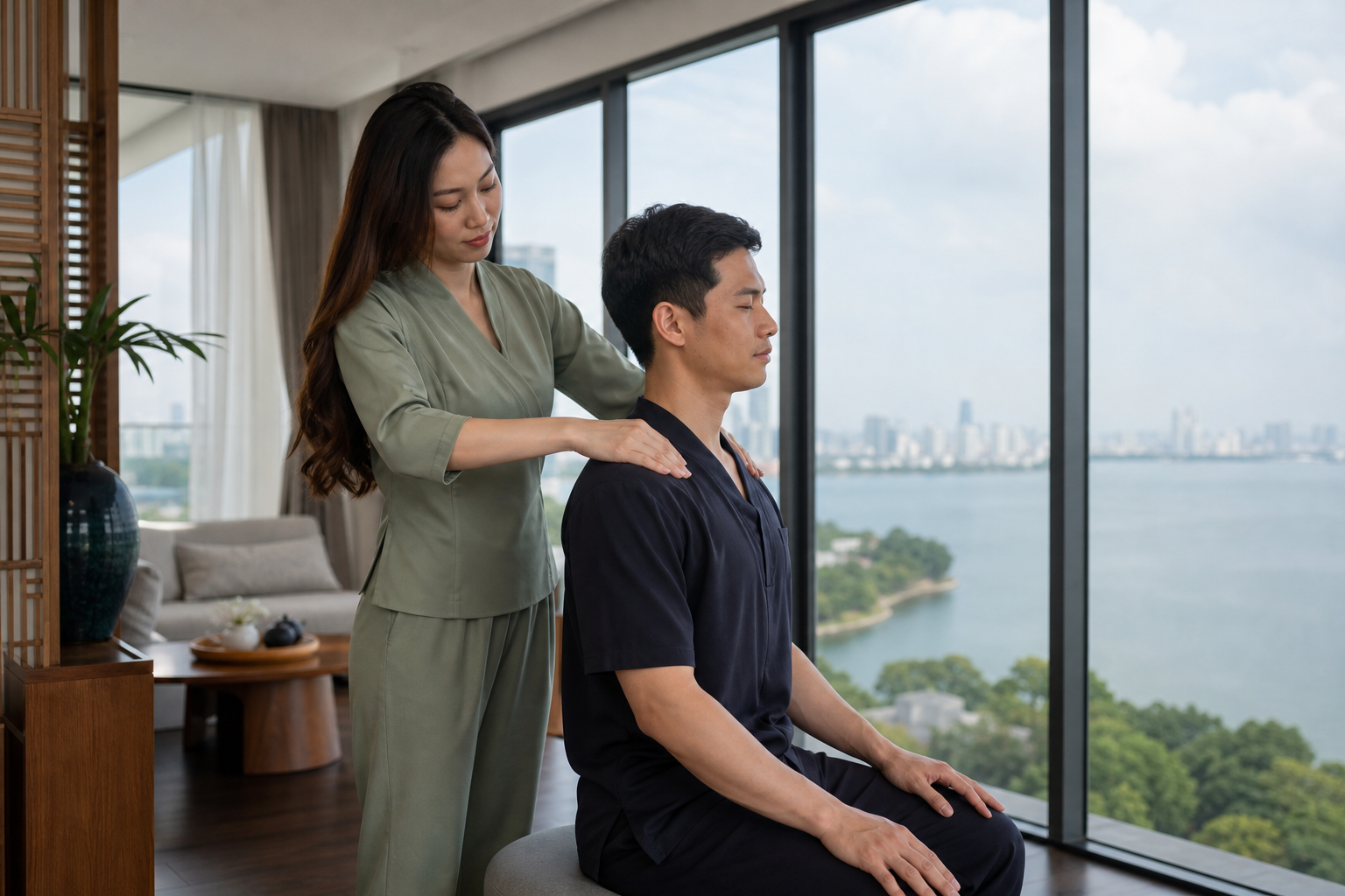 Asian female therapist with loose hair and a modest spa dress providing a professional back massage to a respectfully draped male client in a calm Tay Ho apartment