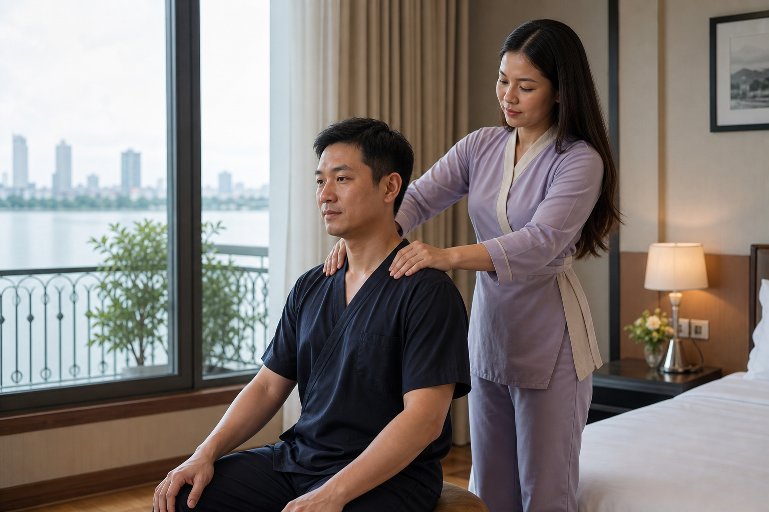 Asian female therapist with loose hair and a professional lavender spa dress giving a respectful back treatment to a covered male hotel guest near West Lake