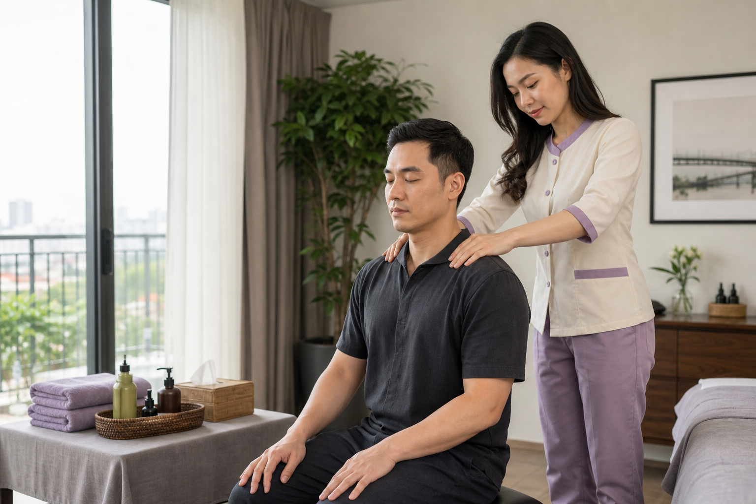 Asian female therapist in a modest professional uniform using careful back-massage technique on a covered male client in a West Lake serviced apartment