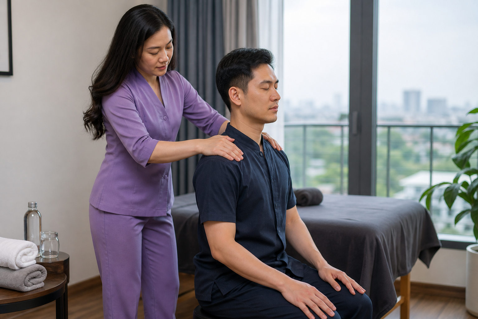 Asian female therapist with loose hair in a lavender spa uniform providing attentive shoulder and upper-back massage to a fully clothed male client in a clean Tu Liem room