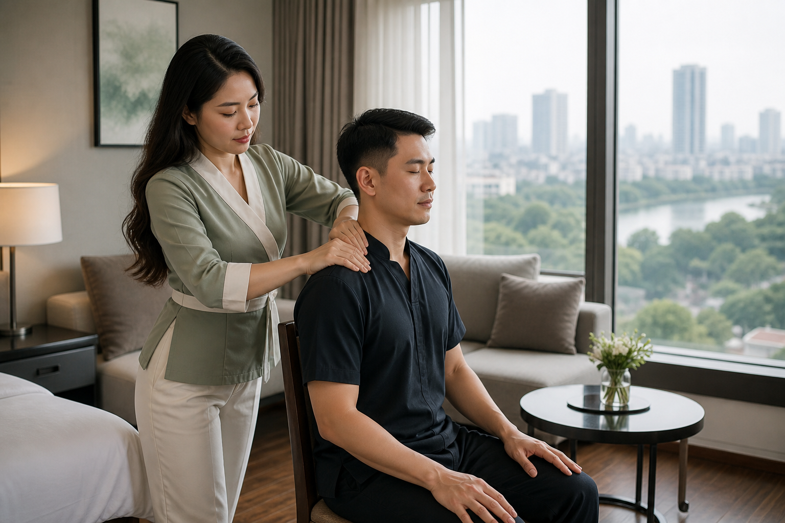 Asian female therapist with loose hair and a modest spa uniform providing a professional shoulder and upper-back massage to a fully clothed male client in a Tu Liem apartment
