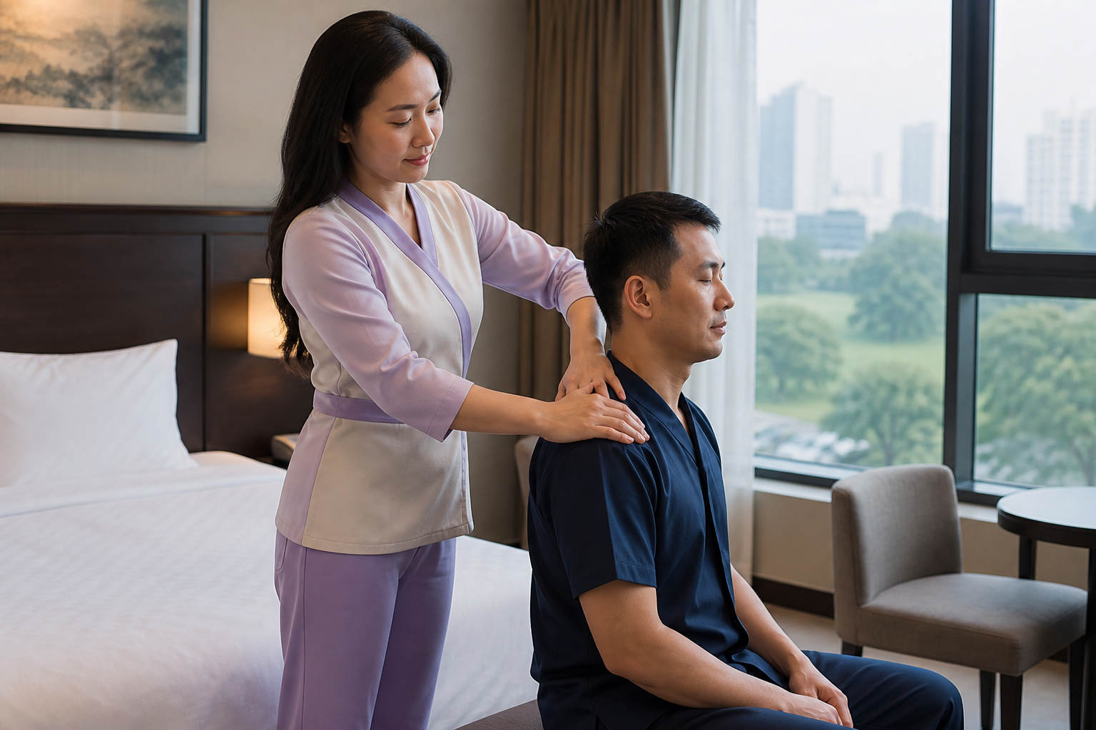 Asian female therapist with loose hair and a professional lavender uniform giving a respectful shoulder and upper-back treatment to a fully clothed male hotel guest in Tu Liem