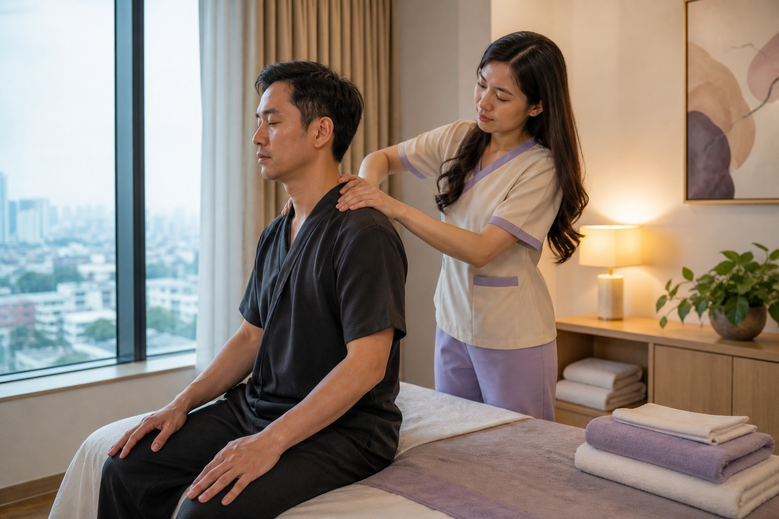 Asian female therapist in a modest professional uniform demonstrating careful shoulder and upper-back massage on a fully clothed male client in a Me Tri serviced apartment