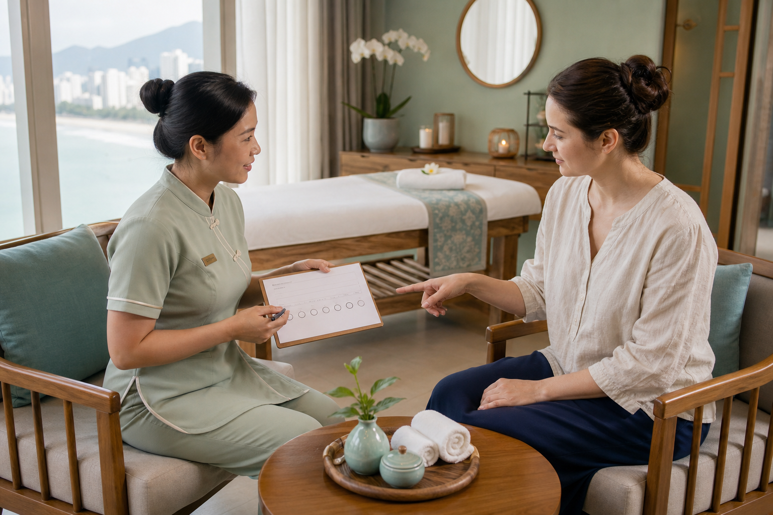 Pre-session consultation for a full-body massage in a private Da Nang wellness room