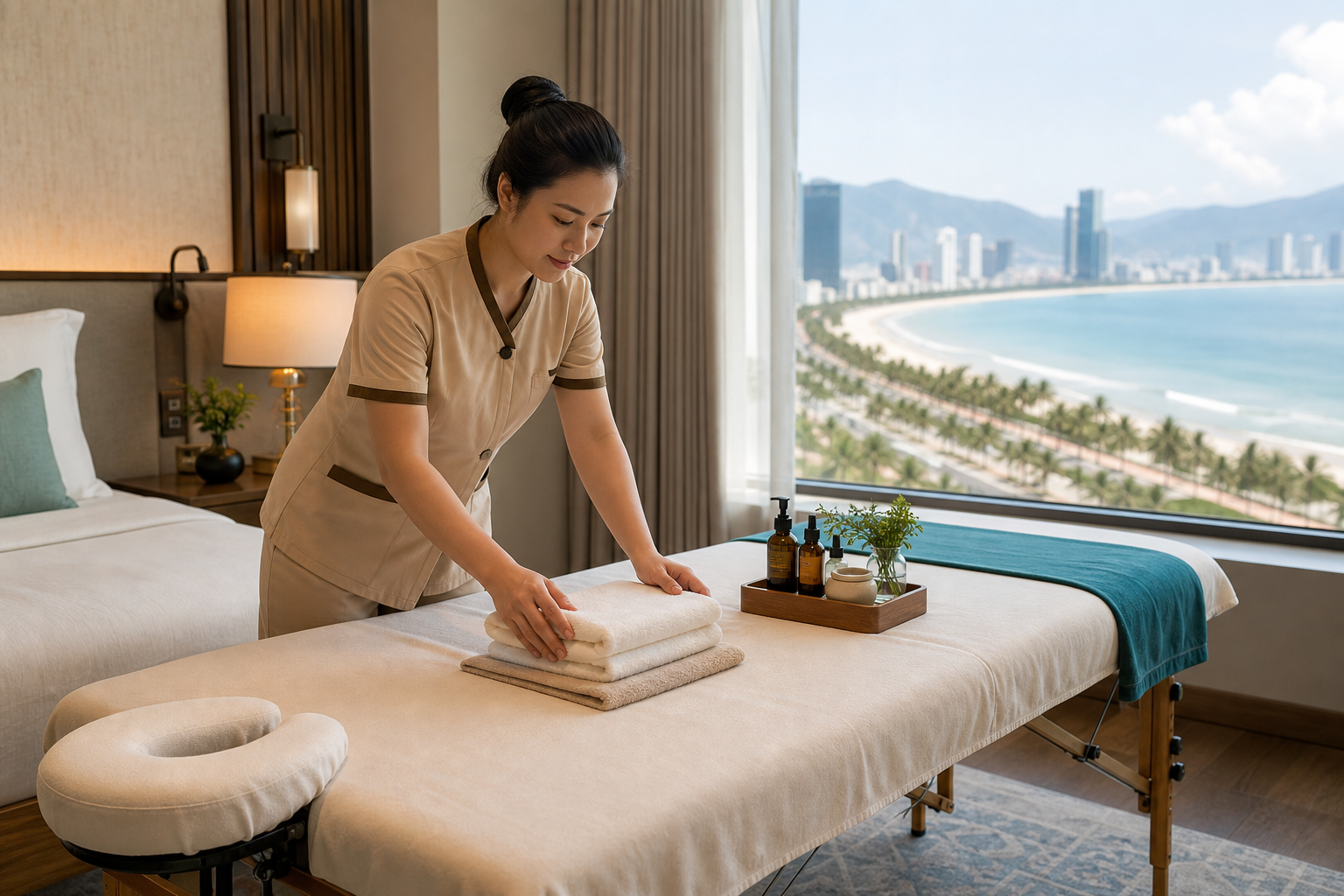 Therapist preparing fresh towels and a full-body massage table in a Da Nang hotel room