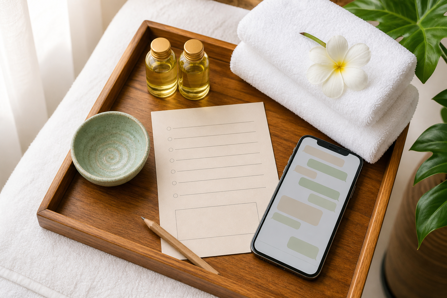Booking checklist with towels, oils, and a private messaging conversation