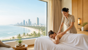 Professional in-room massage setup with Da Nang coastline in the background