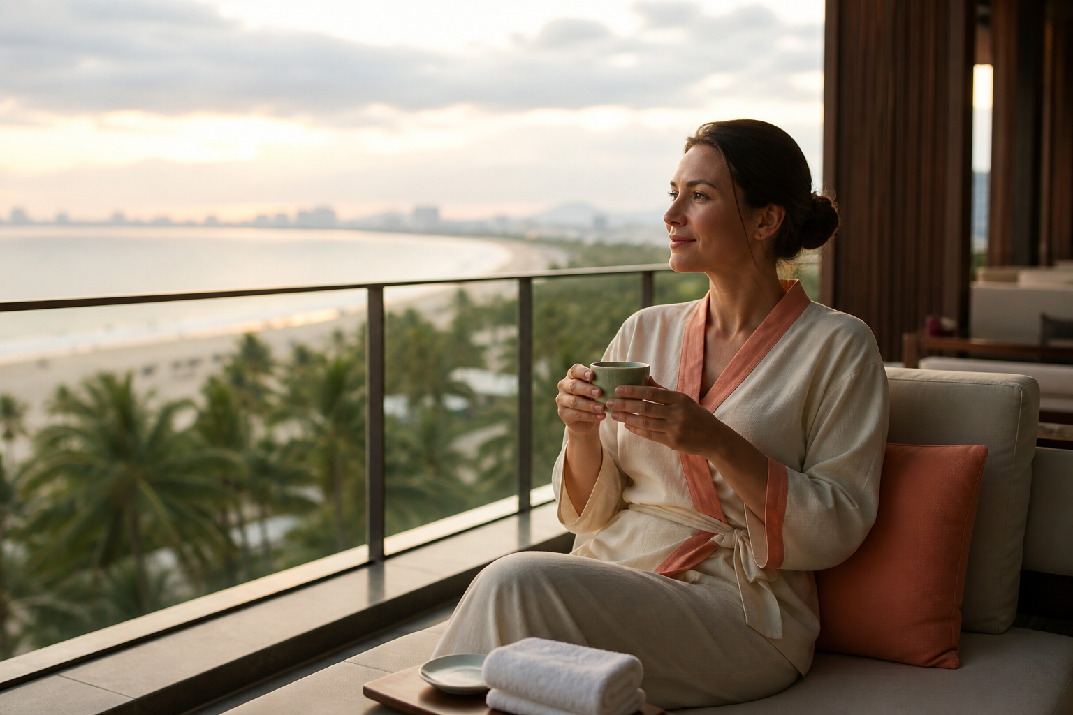 Traveler relaxing with tea after a wellness appointment by the Da Nang coast