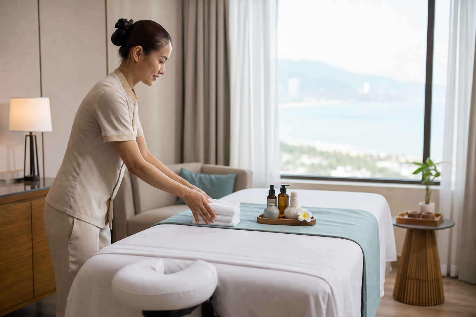 Massage therapist preparing fresh towels and a massage table inside a Da Nang accommodation