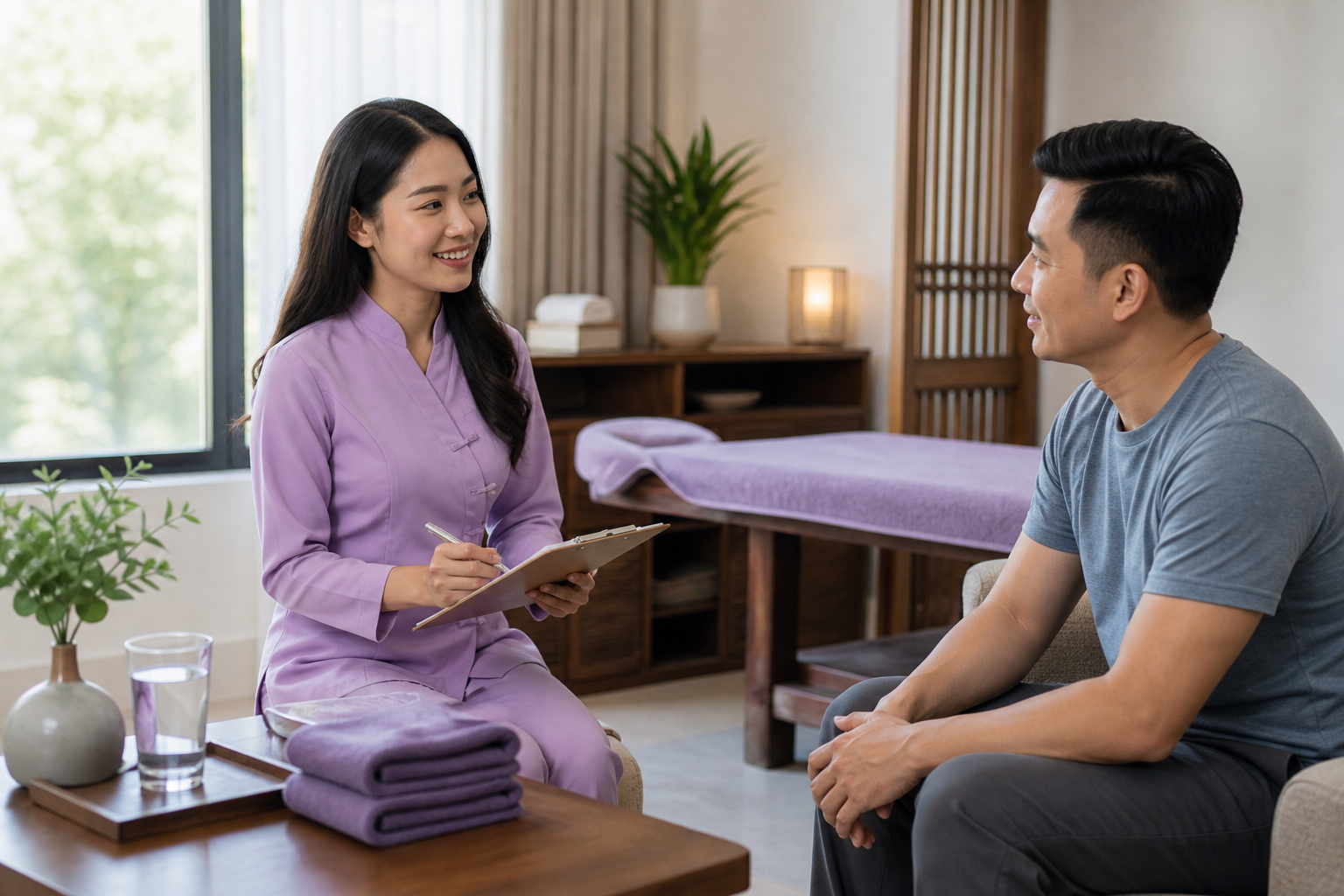 Asian female therapist with loose hair and a modest lavender uniform discussing aftercare with a fully clothed male guest in a bright wellness room
