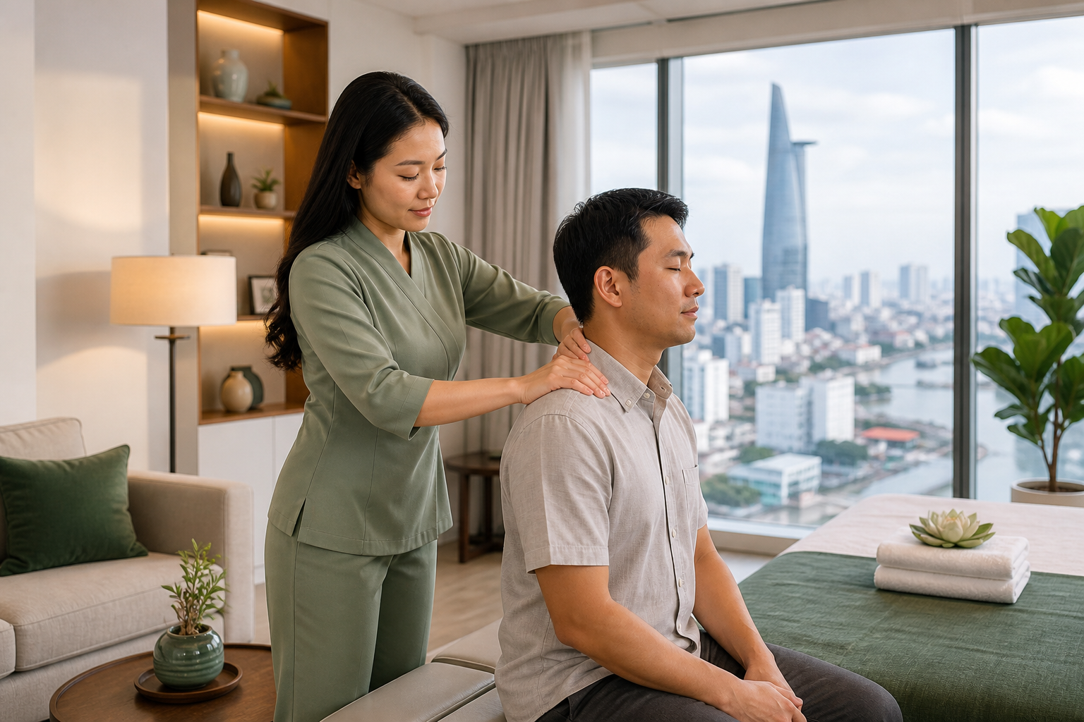 Professional female therapist with loose hair and a modest spa uniform giving a respectful upper-back massage to a fully clothed male guest in a bright District 1 apartment