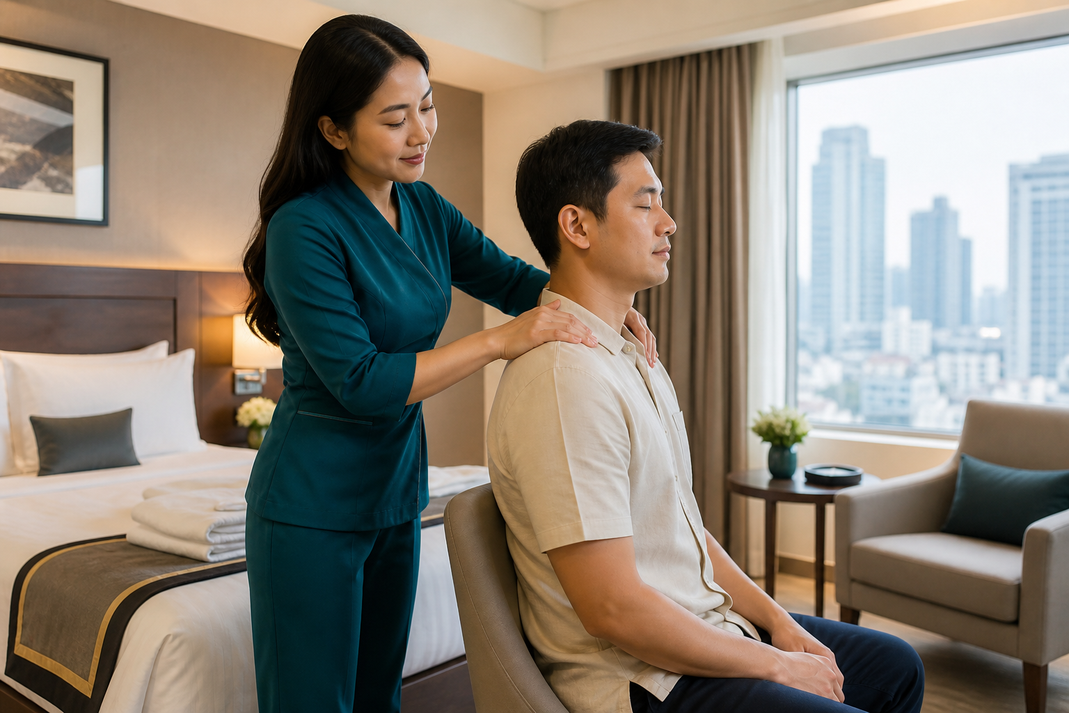 Professional female therapist in a modest teal spa uniform giving a shoulder massage to a fully clothed male hotel guest in a tidy District 1 room