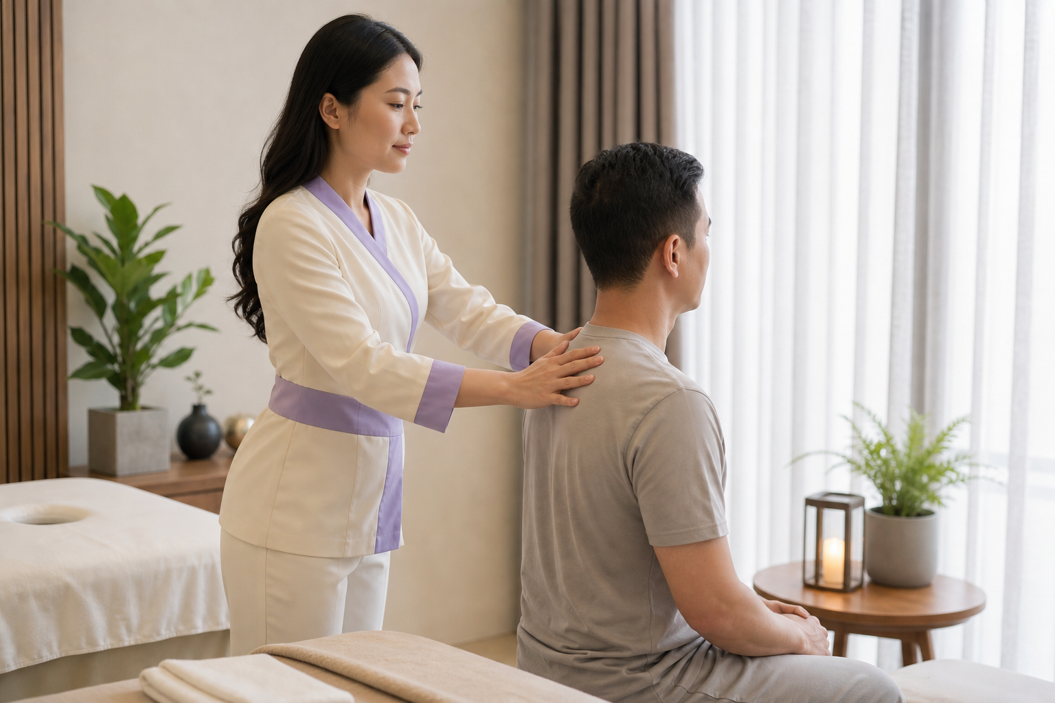 Female Asian therapist with long loose hair demonstrating careful shoulder and upper-back massage technique on a fully clothed male guest in a clean treatment room