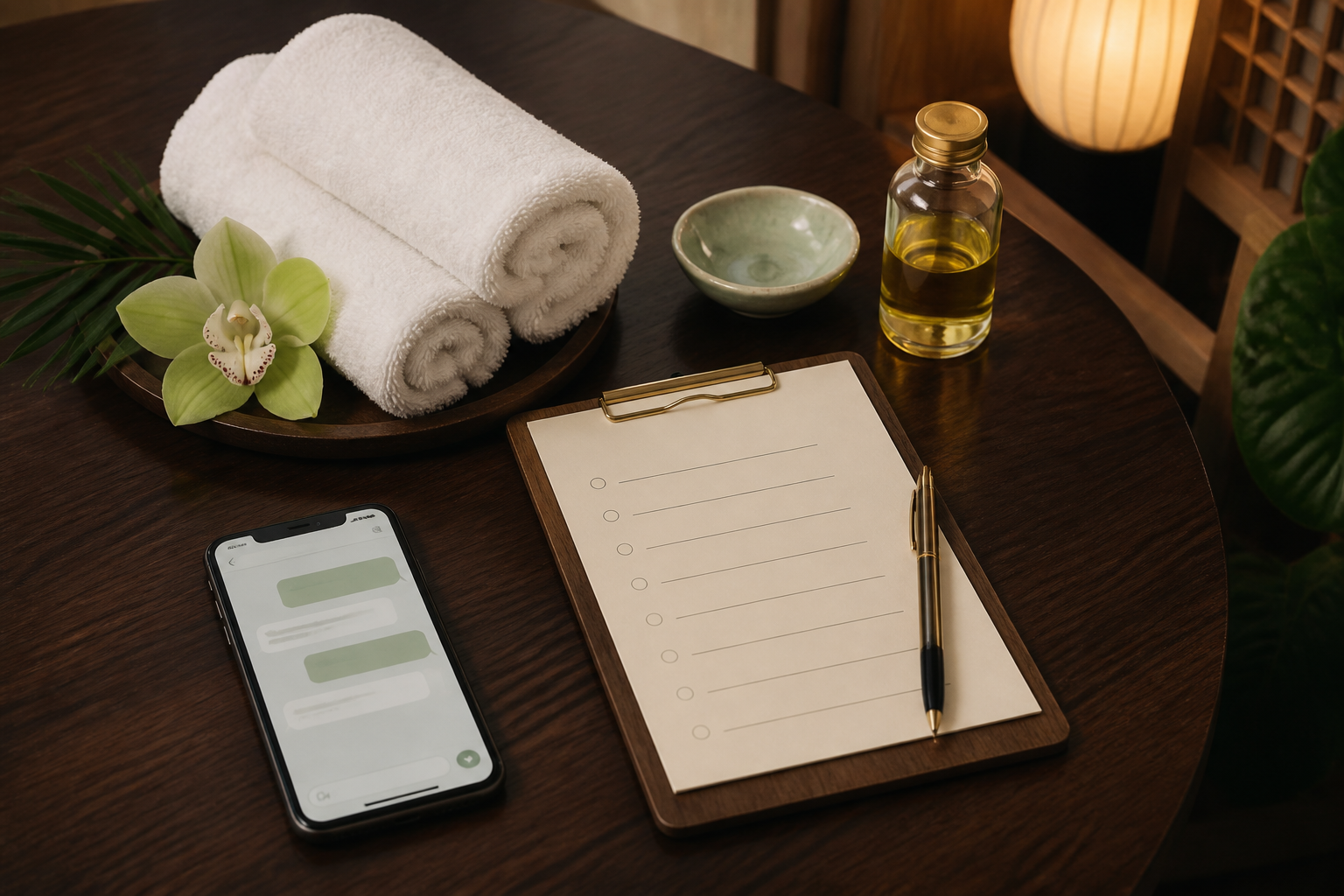 Premium massage booking checklist with towels, oil and a private chat