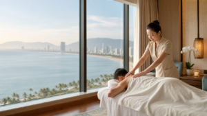 Private premium massage in a Da Nang hotel room with a coastal view