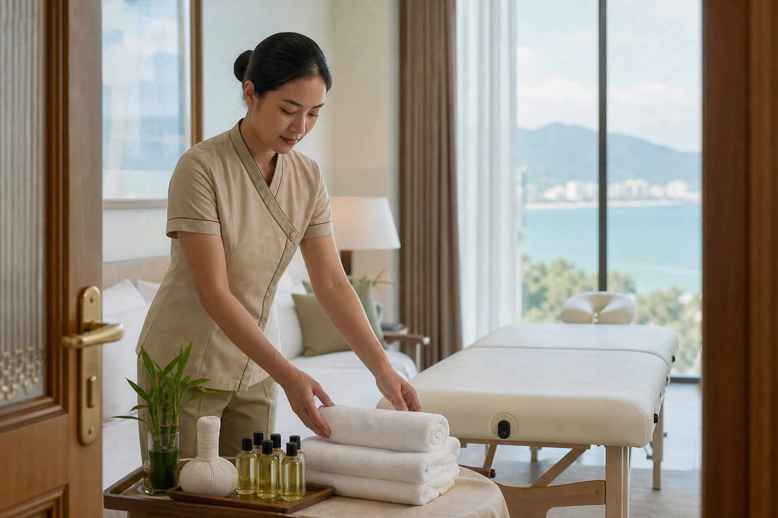 Therapist preparing a premium mobile massage setup in a Da Nang hotel room