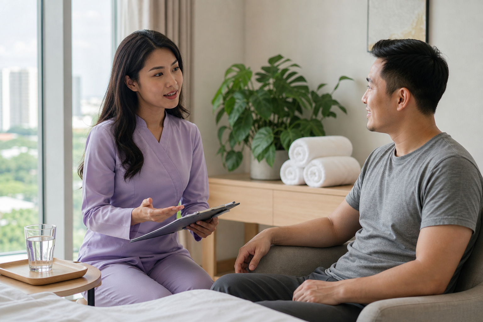 Adult Asian female therapist with long loose hair in a modest lavender uniform discussing aftercare with a fully clothed male guest in a bright Phu My Hung wellness room