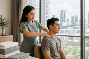 Asian female therapist with long loose hair and a modest sage spa uniform giving a respectful shoulder massage to a fully clothed male guest in a bright Phu My Hung apartment