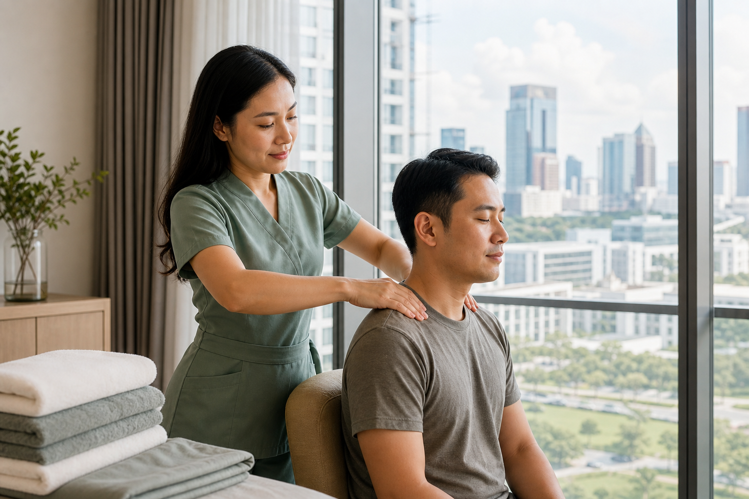Adult Asian female therapist with long loose hair and a modest sage spa uniform giving a respectful shoulder massage to a fully clothed male guest in a bright Phu My Hung apartment