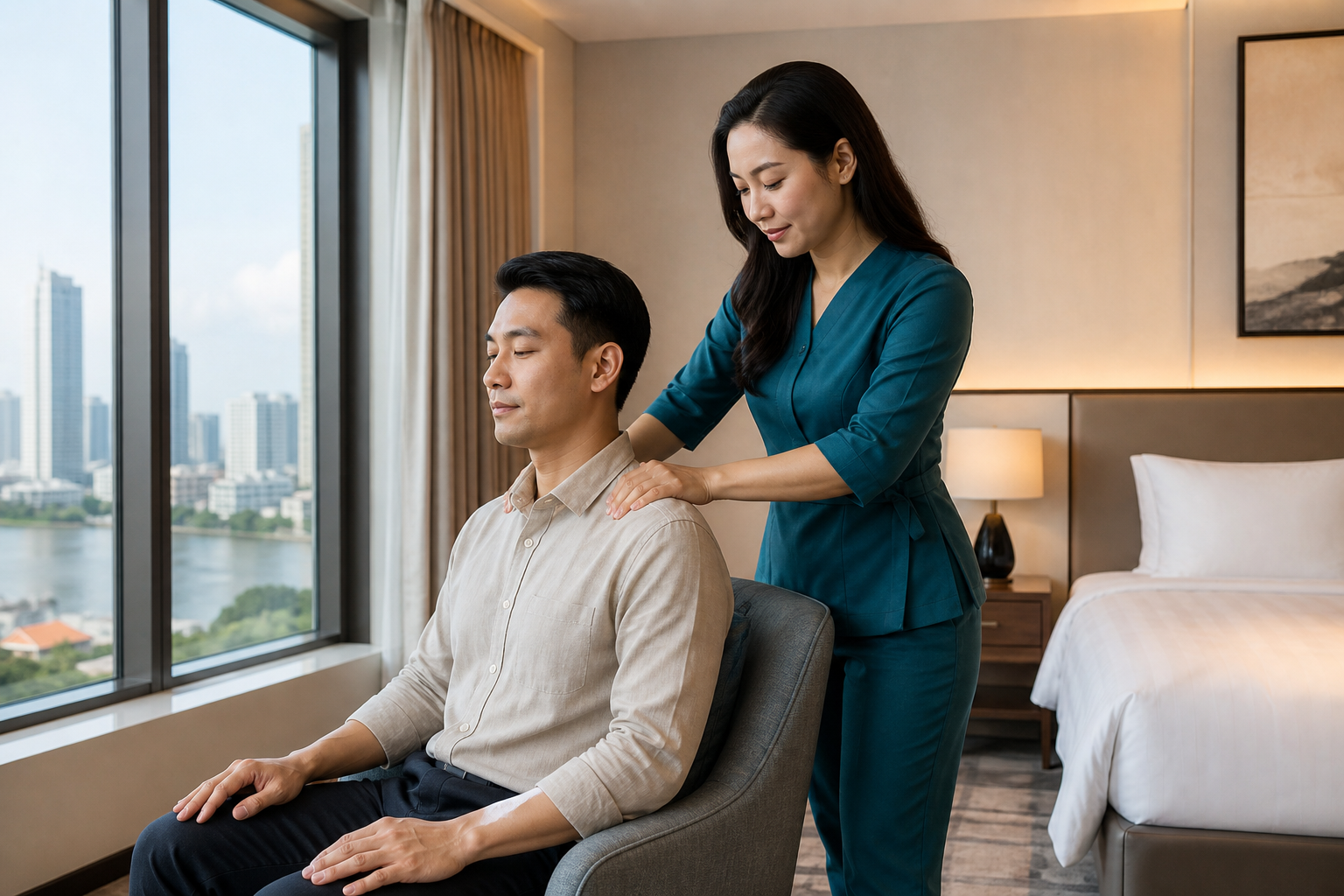 Adult Asian female therapist with long loose hair in a modest teal professional uniform giving a shoulder massage to a fully clothed male hotel guest in a tidy Phu My Hung room