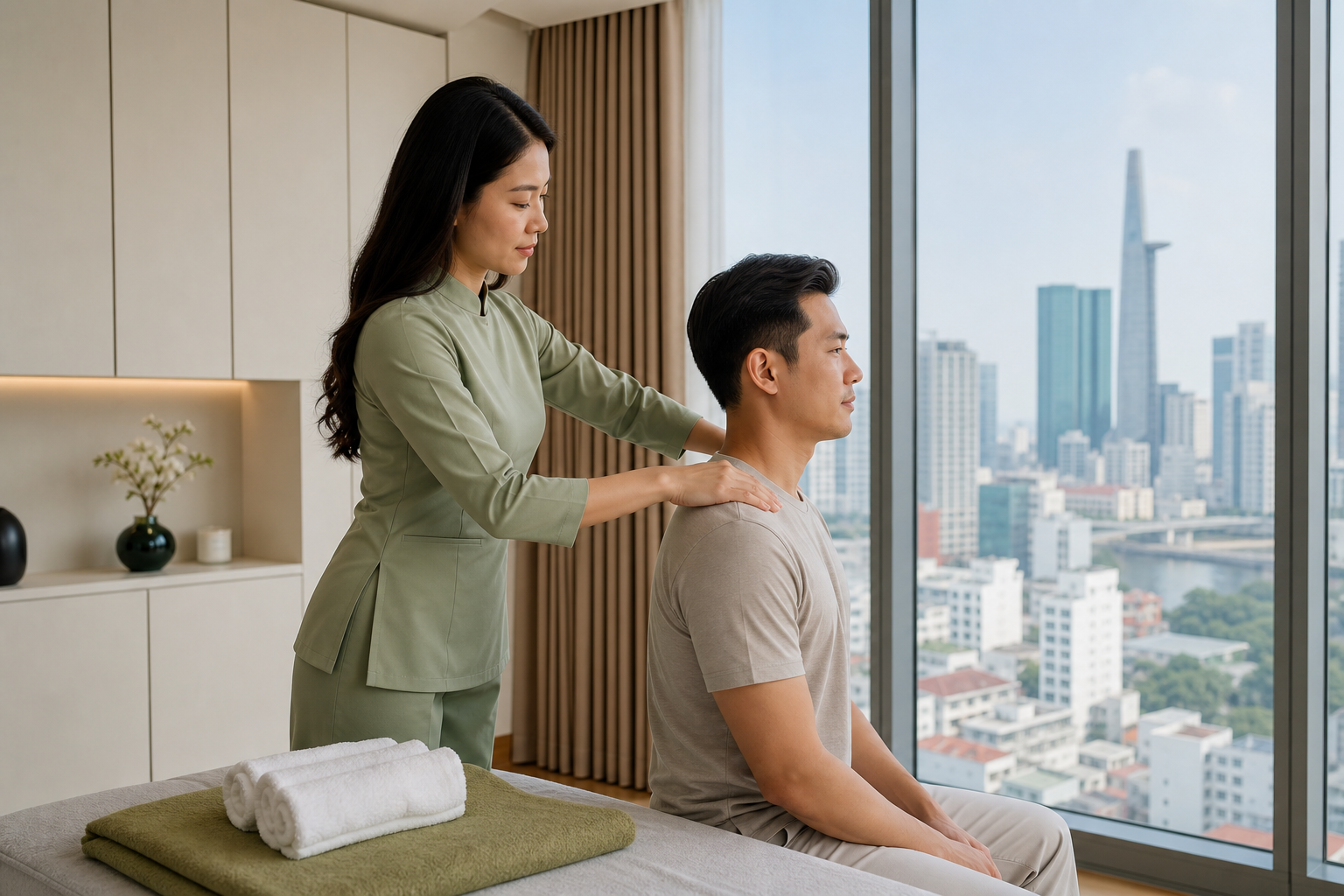 Adult Asian female therapist with long loose hair and a modest sage spa uniform giving a professional shoulder massage to a fully clothed male guest in a bright Saigon apartment