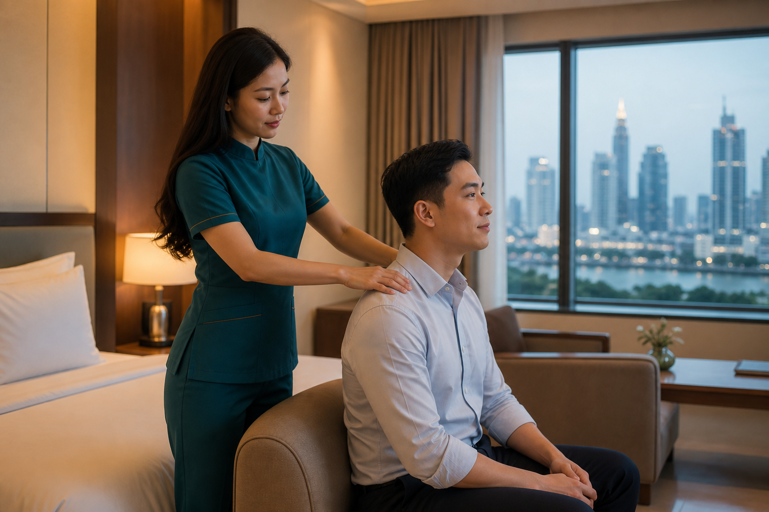 Adult Asian female therapist with long loose hair in a modest teal professional uniform giving a shoulder massage to a fully clothed male hotel guest in a tidy Saigon hotel room