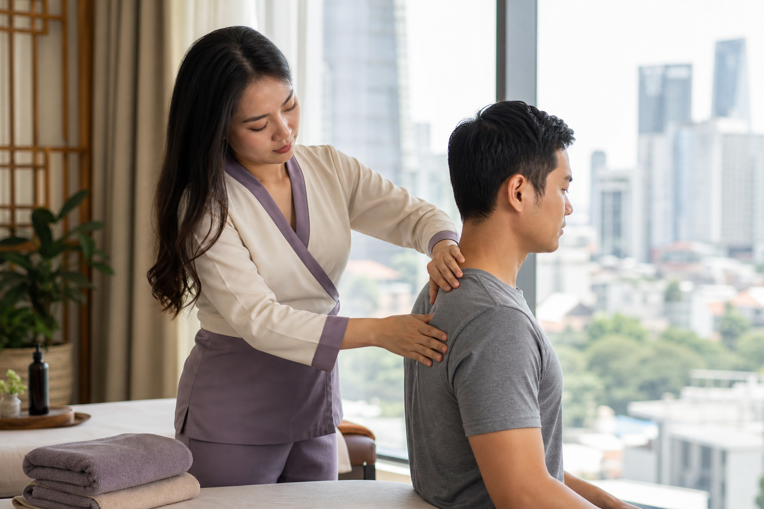 Adult Asian female therapist with long loose hair in a modest cream-and-lavender spa uniform demonstrating careful upper-back massage technique on a fully clothed male guest
