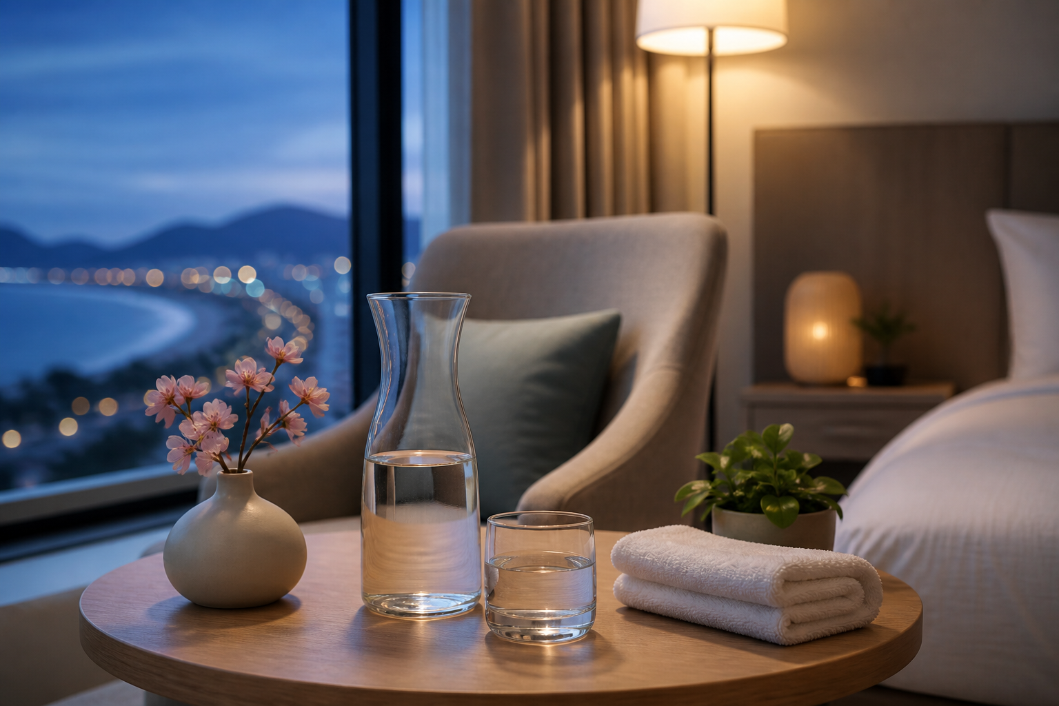 A water carafe, cup and folded towel arranged for a quiet post-massage pause in a Da Nang hotel room