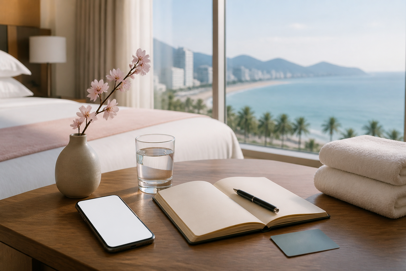 A calm hotel-room consultation scene with phone, notebook, pen and towels for confirming a Da Nang massage