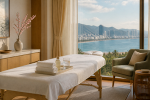 A calm professional massage room in a Da Nang hotel with folded towels and a subtle cherry blossom detail